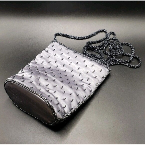 Unbranded Handbags - Black Pearls Beads Hand Grey Clutch Evening Hand Bag Purse Silver Prom Wedding